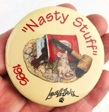1995 Lowell Davis Nasty Stuff Button Anti Smoking Pin Vintage Mouse Pipe *Hc43