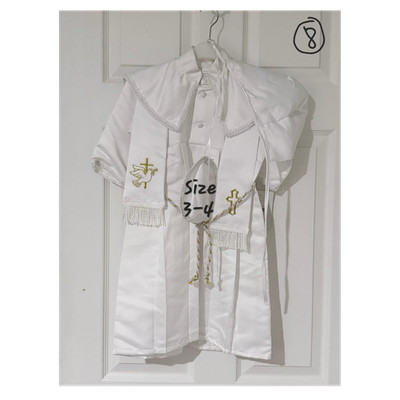 White Satin Girls Christening/Baptism Outfit Dress Bonnet Stole 3-4, Gold