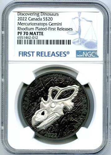 2022 $20 CANADA 1OZ MERCURICERATOPS PROOF RHODIUM NGC PF70 SILVER MATTE FR