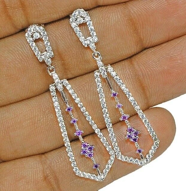 1CT Amethyst & White Topaz 925 Solid Sterling Silver Earrings Jewelry Y3-2 - Image 2 of 2