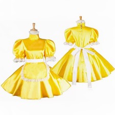 French Maid Sissy Girl Lockable Yellow satin Dress cosplay costumes Tailor-made