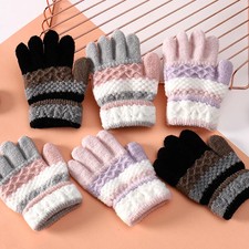 Winter Gloves Kids Striped Thick Warm Knitted Hand Warmer Mittens Age 3-6Y