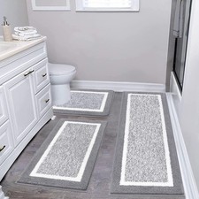 Pauwer Bathroom Rug Mat Set 3 20"x32" 20"x59" U Shape 20"x24", Light Grey