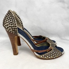 Giuseppe Zanotti Vicini Vintage Y2K Studded Leather Denim Block Heel Pumps 37
