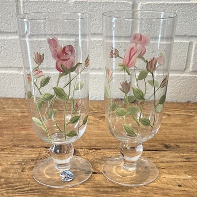 BLOCK BASICS Handmade Floral Goblet Glasses Set of 2 Pink Clear Green Decorated