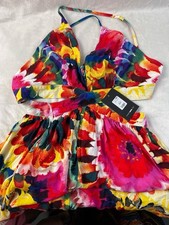 NWT FASHION NOVA Rainbow Floral Print Maxi Dress Strappy Back Side Summer sz M