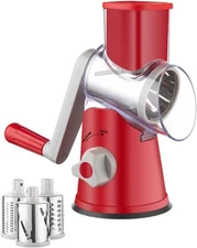 Brigii Rotary Cheese Grater Hand Crank, Shredder with 3 Drum Red+Gray 