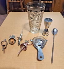 Vintage BarWare Pourers Mixing Glass w/Recipes Strainer Measurer Bartender