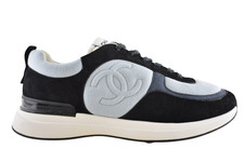 Chanel 22B Black Blue White CC Logo Suede Lace Up Flat Runner Trainer Sneaker 40
