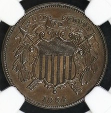 1864 SMALL MOTTO TWO CENT PIECE NGC VERY CHOICE AU 58, A TRUE "SLIDER" WITH VERY