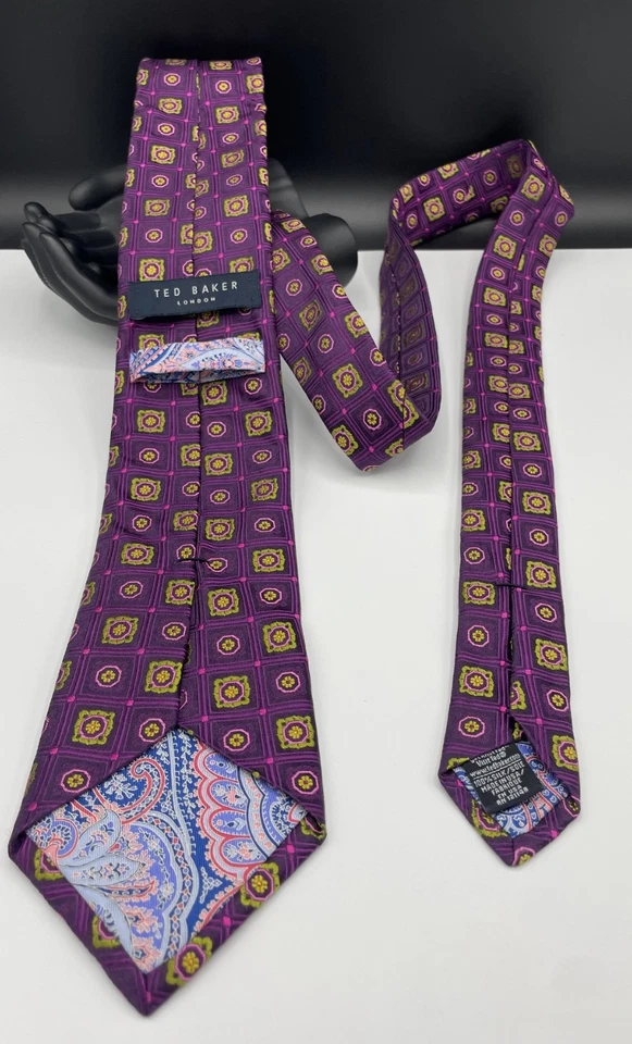 TED BAKER London Men's 100% Silk Tie ~ Purple ~ Floral Grid ~ Made in the USA! - Image 3 of 4