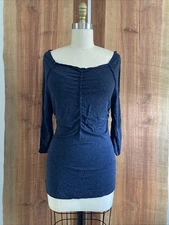Max Studio Flattering Ruched 3/4 Sleeve Top Knit Blouse Navy Blue XS