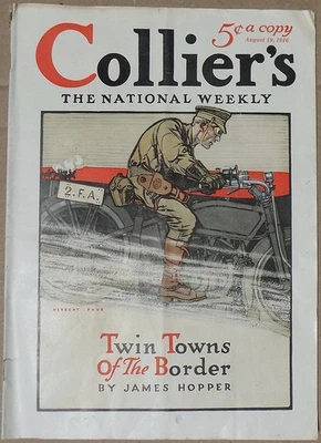 Collier’s National Weekly Magazine Aug. 19, 1916; Military Motorcycle Paus cover - Image 1 of 4