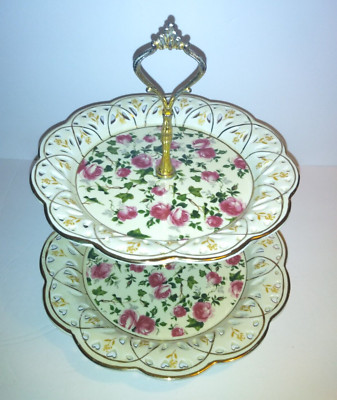 Ivory & Roses 2 Tier Porcelain Rose Chintz Tidbit Server 11 1/2'' Tall