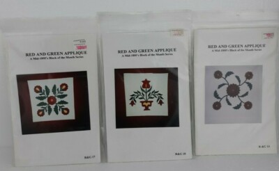 Lot of 3 Red and Green Applique Mid-1800's Quilt Block Patterns