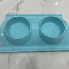 Double Cat Dog Pet Bowls Teal Light Blue Plastic