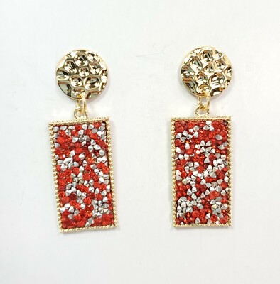 E0375 Gold Tone Base Red Color Rhinestones Rectangle Shape Drop Dangle Earrings