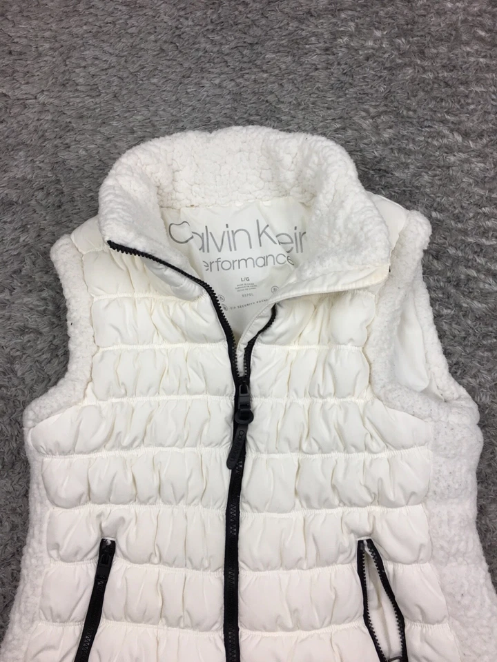 Calvin Klein Performance Sherpa Trim Puffer Chaleco Chaqueta Mujer Grande Blanco Repelente Foto 2 de 4