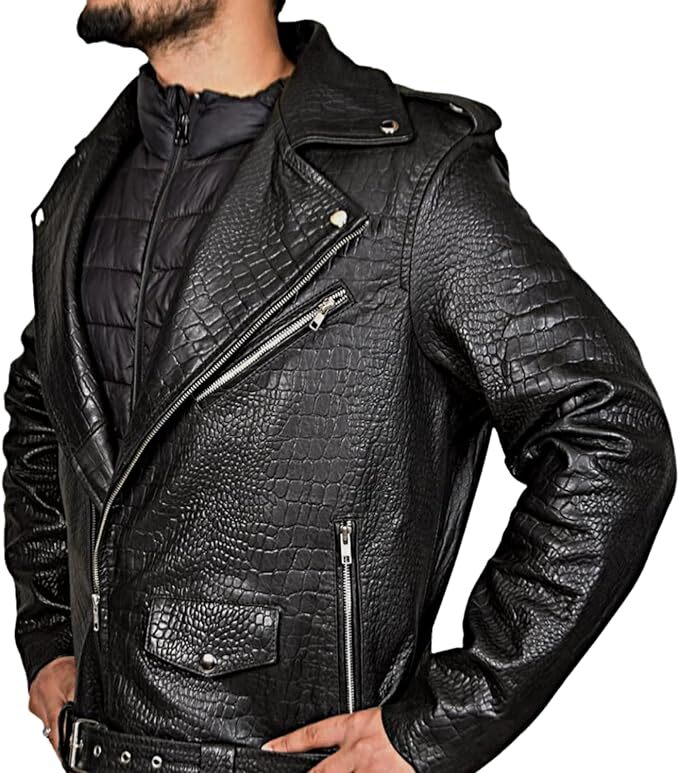 Men's Biker Alligator Embossed Motorcycle Crocodile Print Black