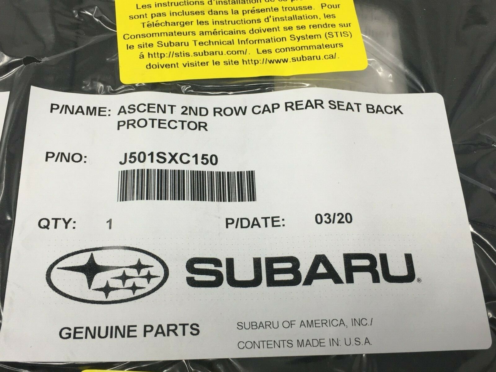 20192023 Subaru Ascent Rear 2nd Row Seat back Protector J501SXC150