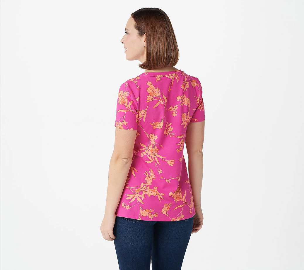Isaac Mizrahi Live! Floral Printed Short Sleeve Knit Swing Top
