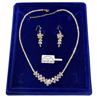 TBT-GIOIELLI Parure Tennis Collana Fiori Orecchini pl. oro Giallo 18k con Cristalli Zirconi