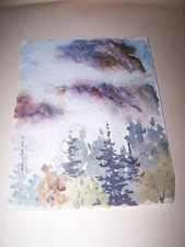 Original Watercolor By Peg Humphreys, Fog Looming over the Mtn & Trees 9"x 12"