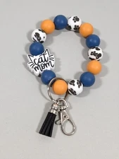 Cat Mom Blue Yellow Paw Print Tassel Rubber Bead Keychain