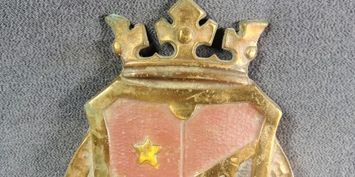 Applique da parete Lincoln scudo corona re tutto ottone anni 20 luce Fleur de Lis antica - Foto 7 di 19