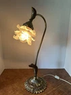 VTG Desk Lamp Art Nouveau Goose Neck Boudoir Brass & French Petal Shade Glass