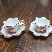 2 VINTAGE PORCELAIN MINIATURE TEACUP  SAUCER ROSE FLORAL GOLD TRIM JAPAN A