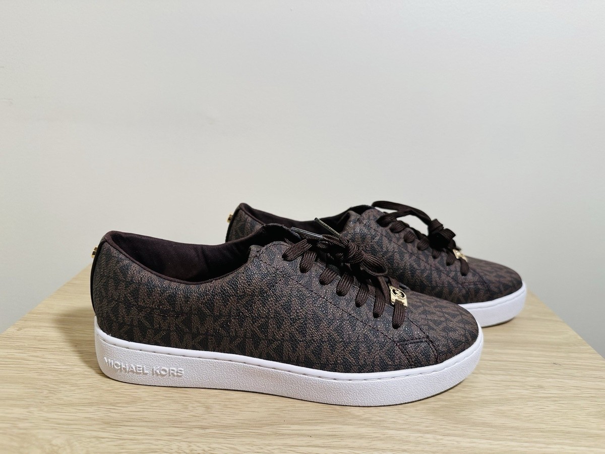 Michael Kors MK signature print lace up sneaker shoes brown NWOB 