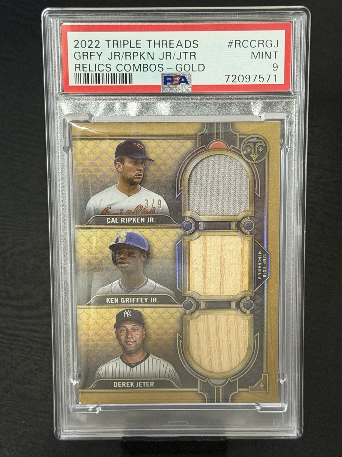 Ripken/Griffey/Jeter—2022 Threads—GAME USED—PATCH/BAT—GOLD—SSP—/9—PSA 9—POP 1