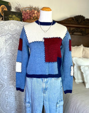 Vintage Color Block Patchwork Knit Sweater, Blue Red White, Chunky Knit Y2K