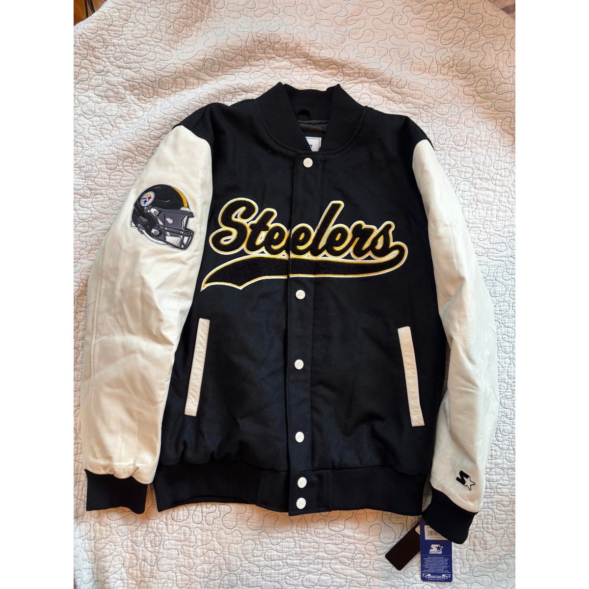 Starter NFL Pittsburgh Steelers Varsity Jacket Mens Wool Leather 