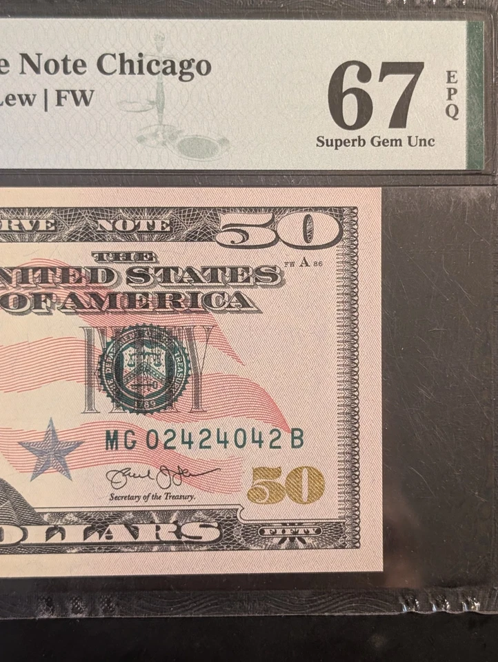 US $50 Dollar Bill 2013 Graded PMG 67 EPQ Superb Gem UNC Fancy Serial # 02424042 - Image 3 of 4