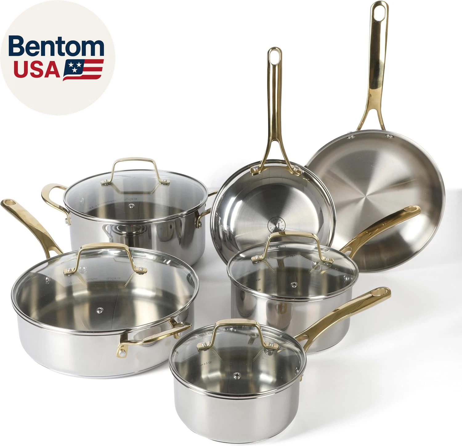 Castelle 10 Piece 18/8 Durable Stainless Steel Induction Safe Pots and Pans Non-