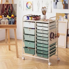 15-Drawer Rolling Cart w/ Pegboard, 2 Locking Brakes, Metal Frame for Home