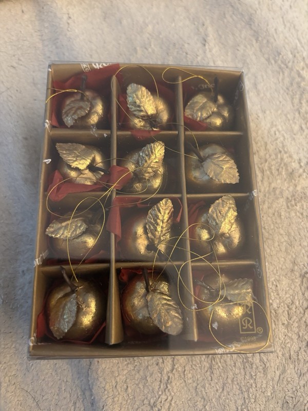 Roman Inc. Box of 12 Mini Apple Ornaments - Gold Color Very Nice! Approx 1 Inch