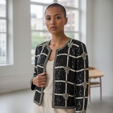 Laurence Kazar Vintange Black Sequin Beaded Grid Bow Jacket Blazer Evening