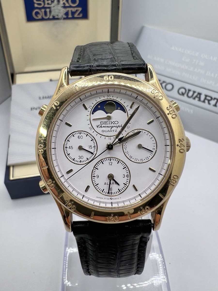Vintage Rare 1980's Seiko Gold Tone Moonphase Chronograph Alarm