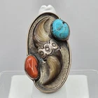 Huge Vintage Sterling Silver Turquoise & Coral Ring Navajo Size 7 Signed MK?