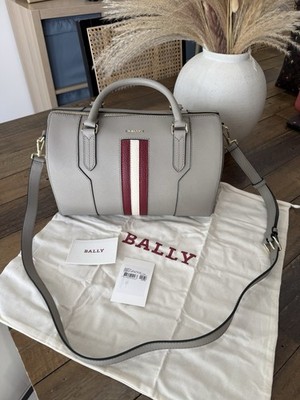 BALLY Selene Bowling Bag Gray Leather Handbag with Red and White Vertical Stripe