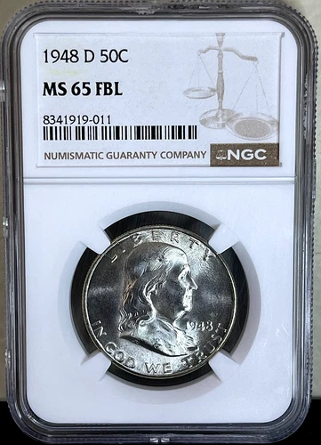 1948 D SILVER Franklin Half Dollar NGC MS65 FBL-Full Bell Lines-Light Toning!