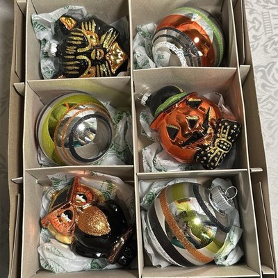Halloween Shiny Brite Glass Ornaments Rounds Cat Owl Jack O' Lantern & Stripes