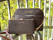 Michael Kors Women Medium Crossbody Bag Handbag Purse Brown + Double Zip Wallet