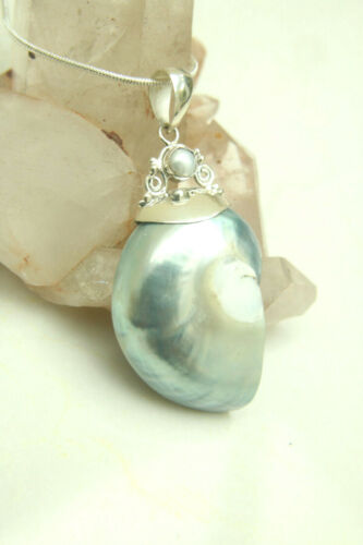 Silver-Grey Nautilus Shell Pendant White Pearl 925 Sterling Silver Setting