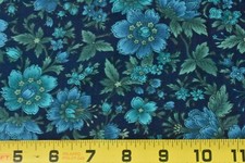 By 1/2 Yd, Blue & Green Floral on Navy Quilt Cotton, Hoffman, "Wood Blocks",V501