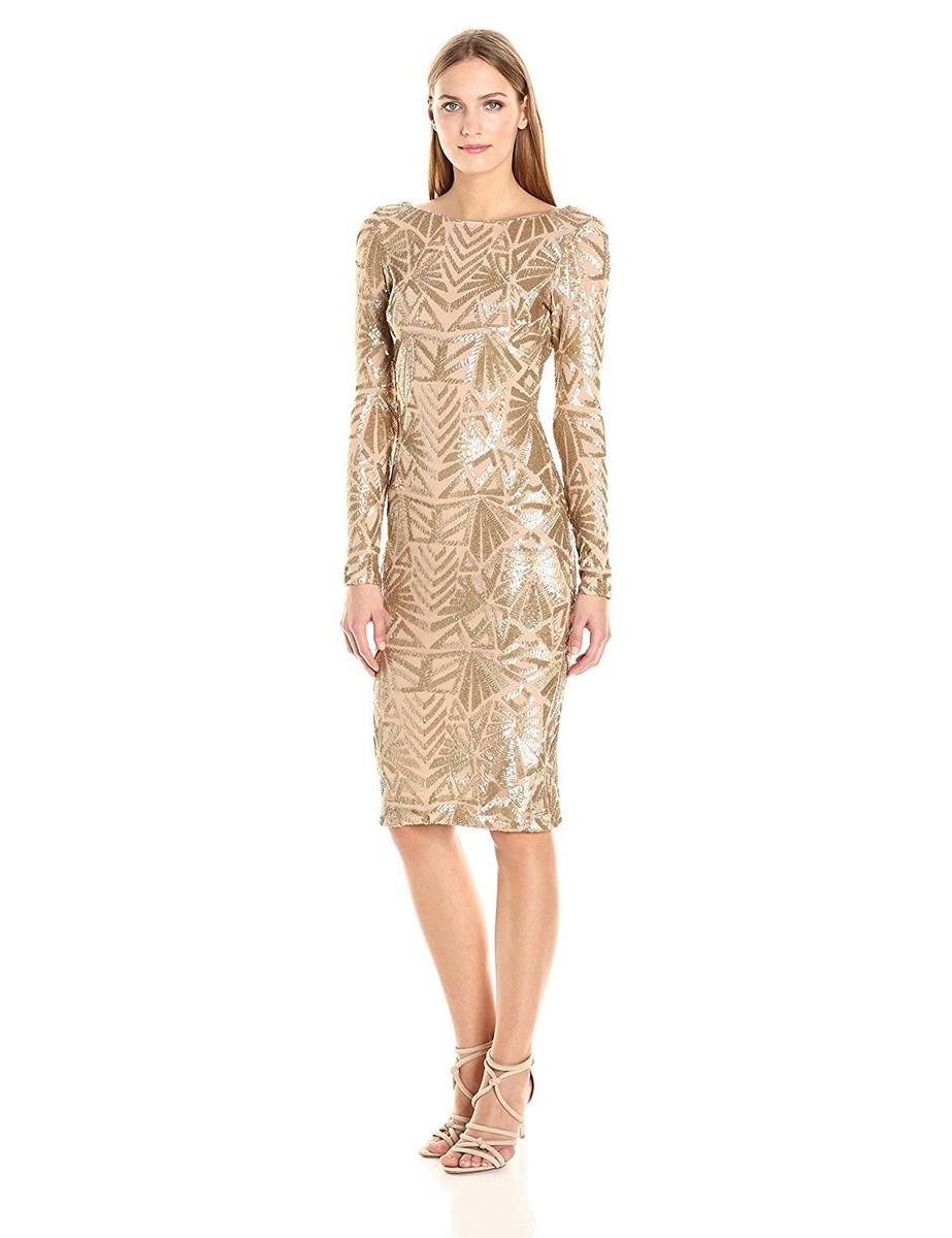 Dress the Population Emery Gold Sequin Open Back Sheath Dress Size S  Cocktail
