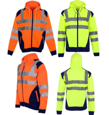 Hi Viz Vis High Visibility Jacket Hoodie Work Zip Hooded SweatShirt Fleece S 5XL